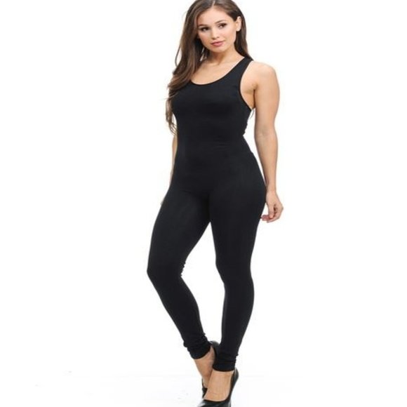 BASIC NYLON SPANDEX JUMPSUIT One Size Black - Picture 1 of 5